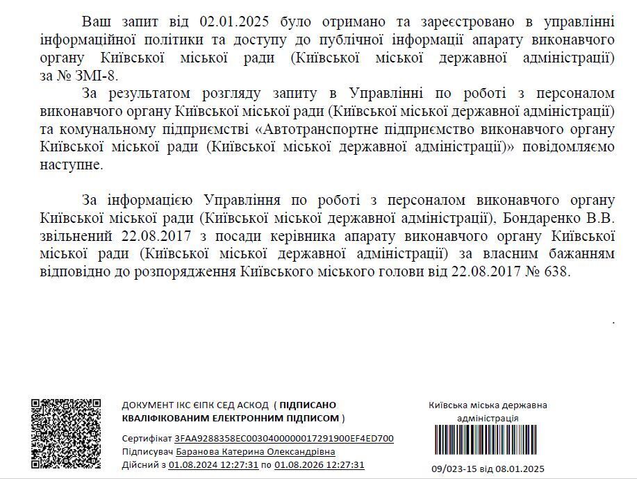 Ответ Киевской городской государственной администрации