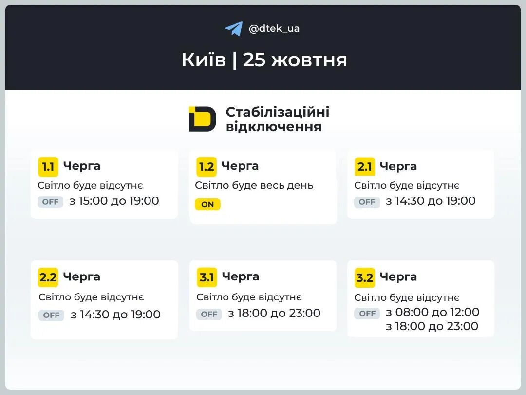 У Києві та області 25 жовтня діятимуть нові графіки відключень світла