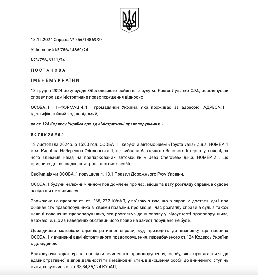 Судова постанова проти Вікторії Пташник