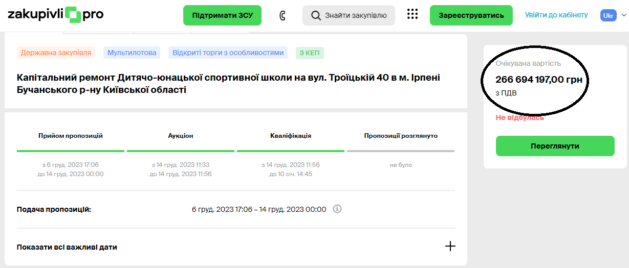 Конкурс на відновлення повністю зруйнованої дитячо-юнацької спортивної школи в Ірпені