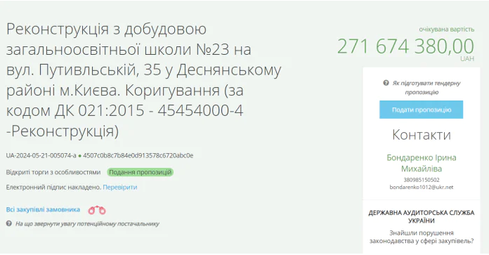 Тендер на реконструкцию столичной школы