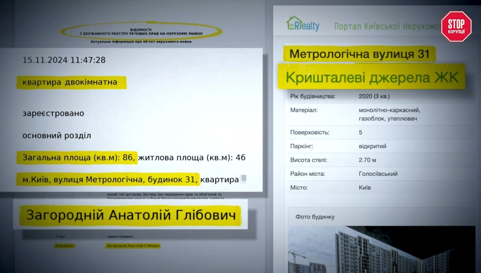 У реєстрах на Загородньому фігурує квартира в ЖК ''Кришталеві джерела''
