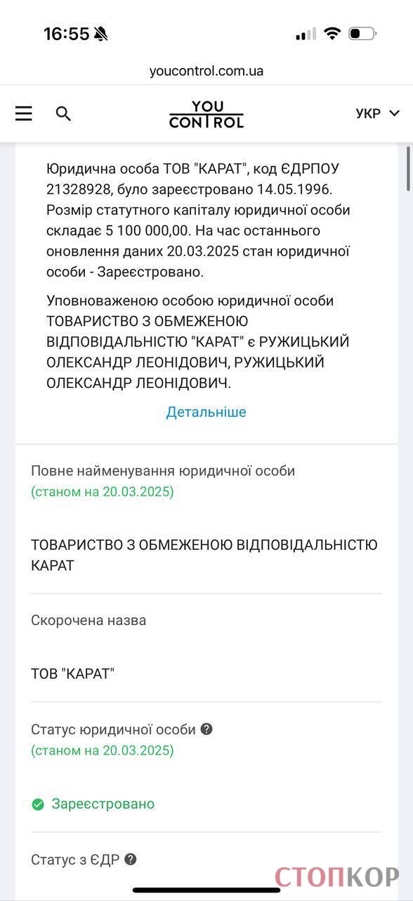 Реєстраційні дані ТОВ ''Карат''
