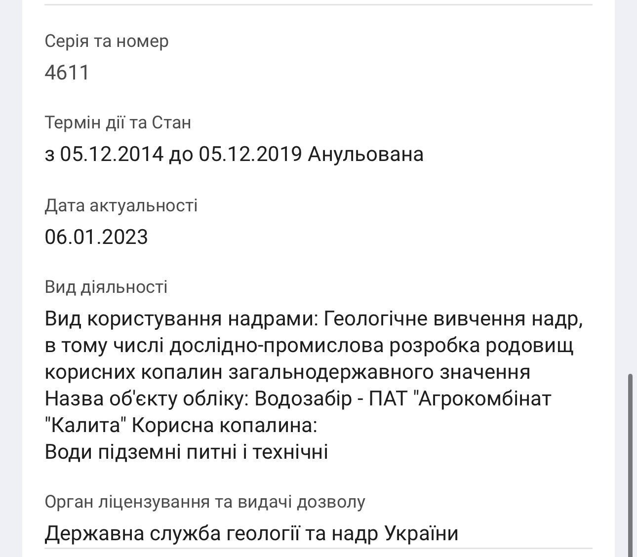 Аннулированное разрешение на забор подземных вод