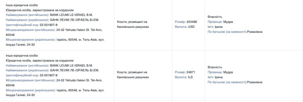 Ирина Мудра задекларировала $250 тысяч сбережений в Тель-Авиве, - медиа