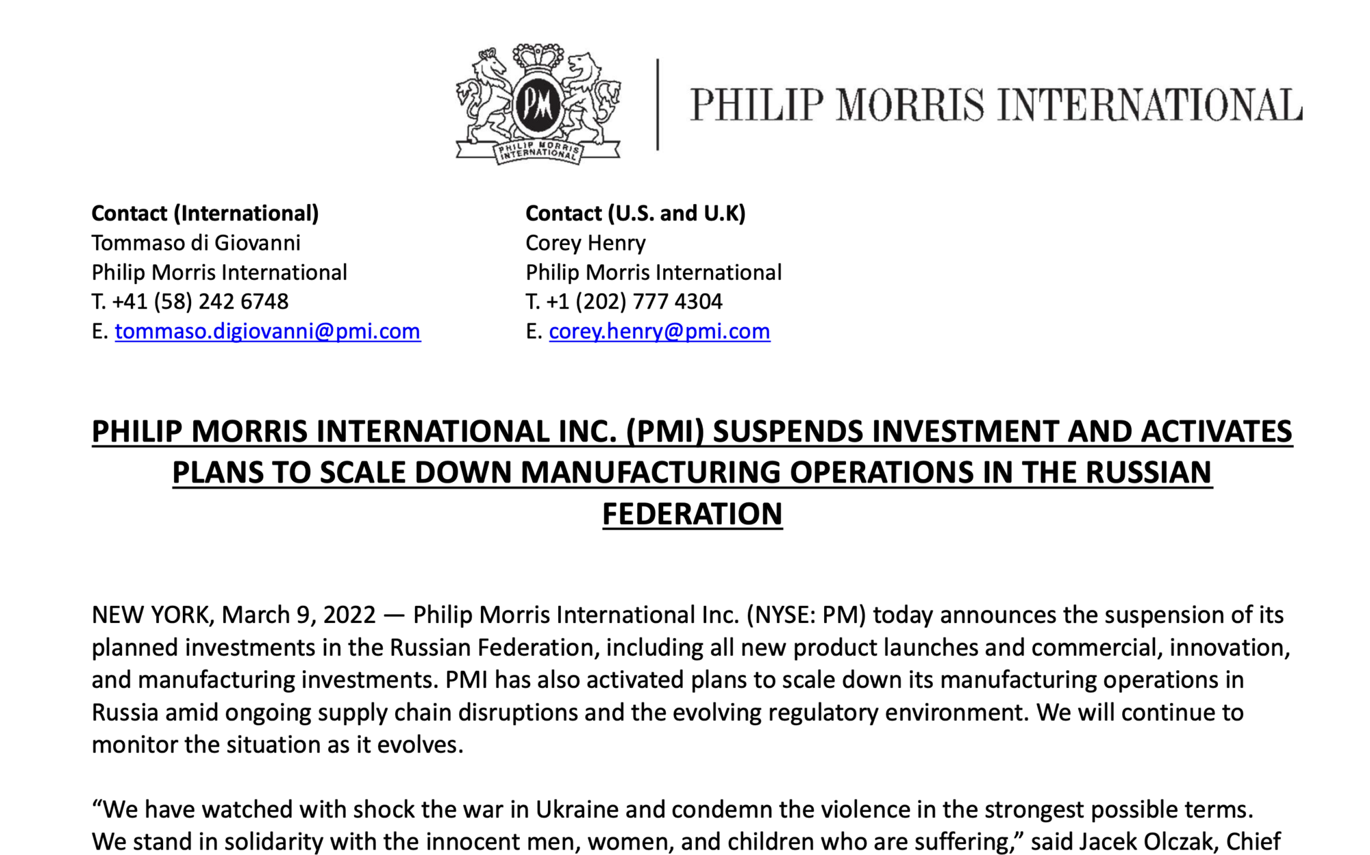 Офіційна заява компанії PMI щодо припинення інвестування та скорочення виробництва