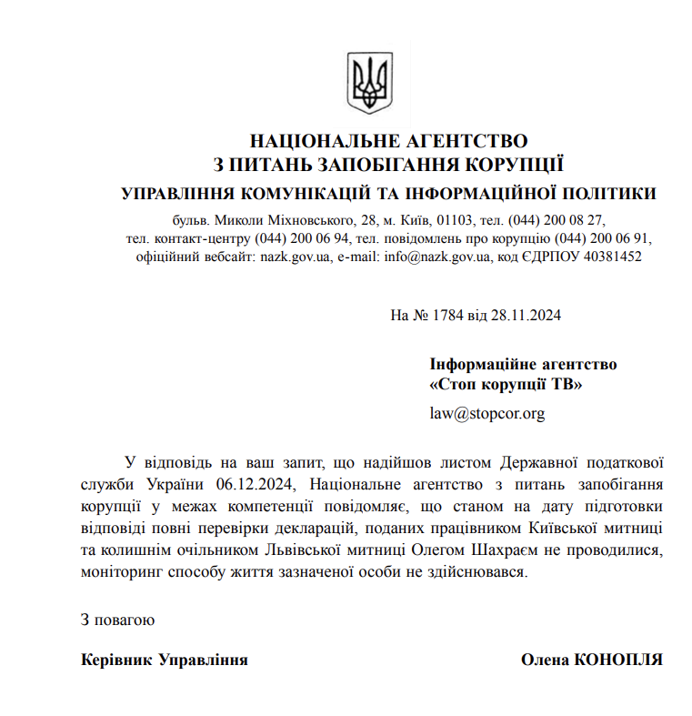 Відповідь НАЗК на запит щодо перевірки декларації Олега Шахрая