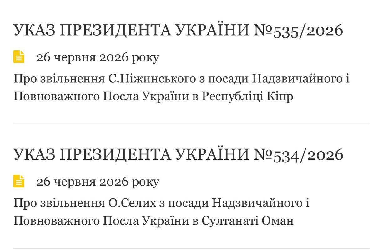 Зеленский уволил послов Украины в Омане и на Кипре
