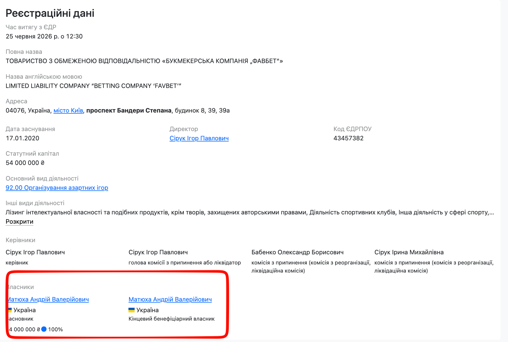 Андрій Матюха є власником ТОВ ''БК ''Фавбет''