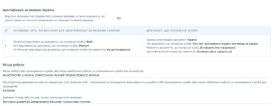 Фрагмент декларации Максима Белика
