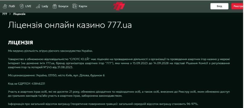 Лицензия для доменного имени 777.ua