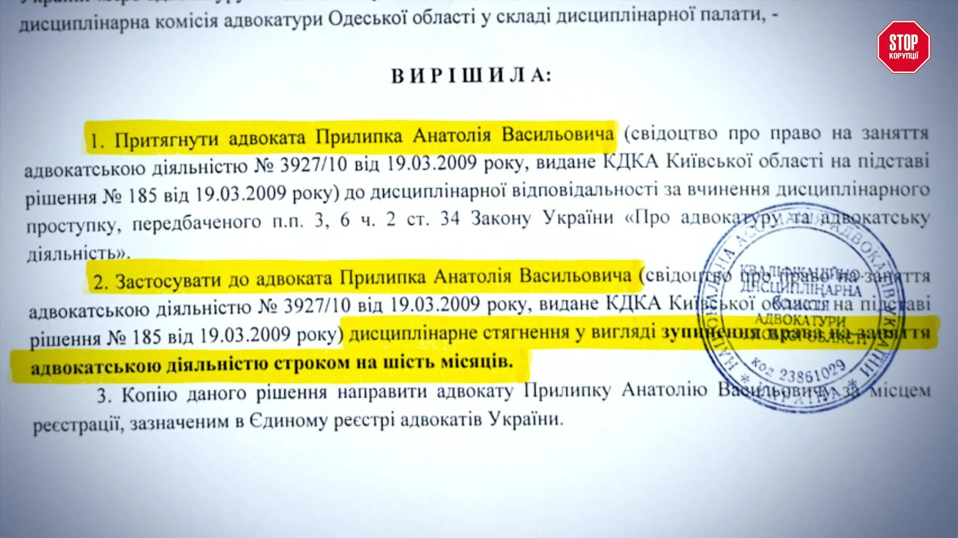 Дисциплінарна палата ухвалила рішення притягнути Прилипка до відповідальності