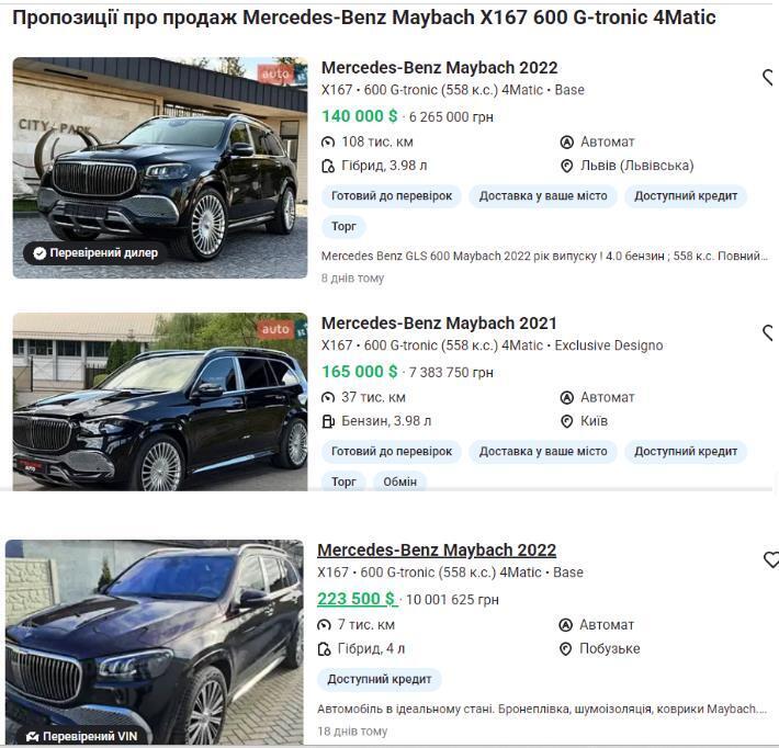 Вартість Mercedes-Benz Maybach GLS 600 2022 року випуску на маркетплейсі