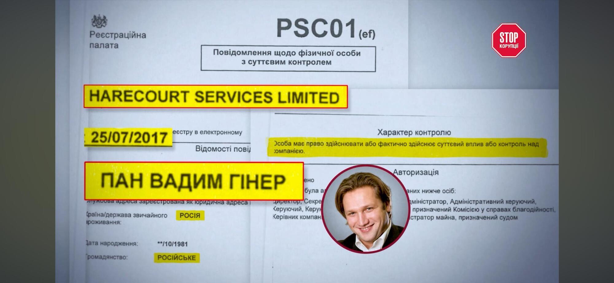 Документ британского реестра (форма PSC01): Вадима Гинера, гражданина РФ, от 25.07.2017 зафиксирован лицом с существенным контролем над Harecourt Services Limited