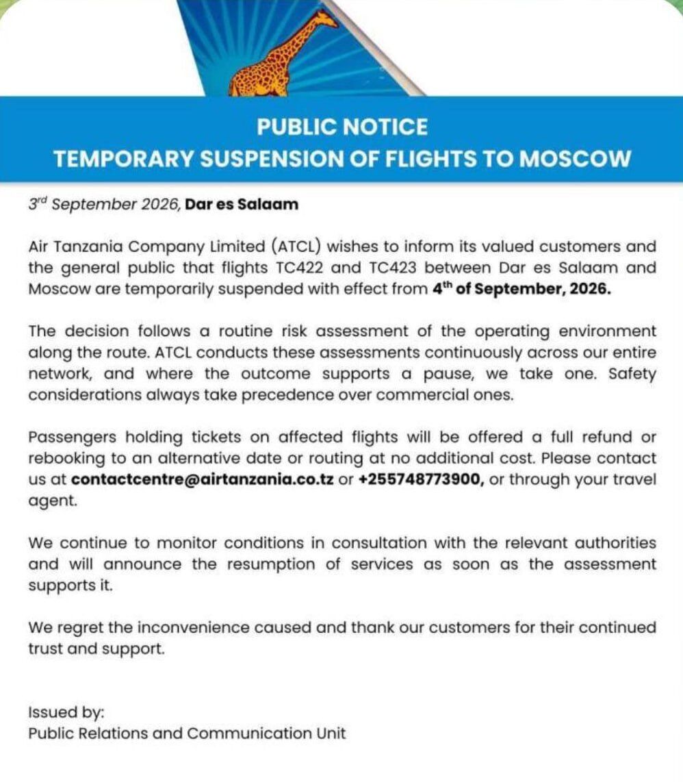 Еще одна компания – Air Tanzania, приостановила рейсы в Москву