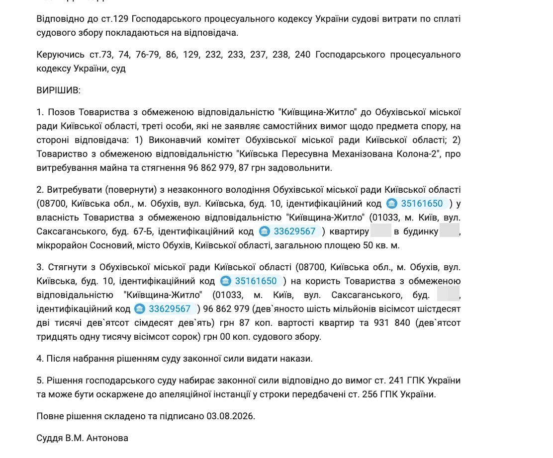 ''Золоті метри'' Обухова: хто і на якій підставі вимагає з громади 97 млн за квартири, отримані 16 років тому?