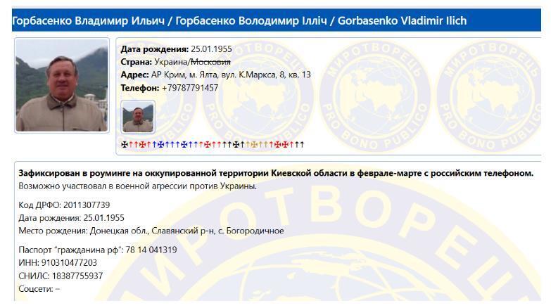 Дані Володимира Горбасенка на сайті Миротворець