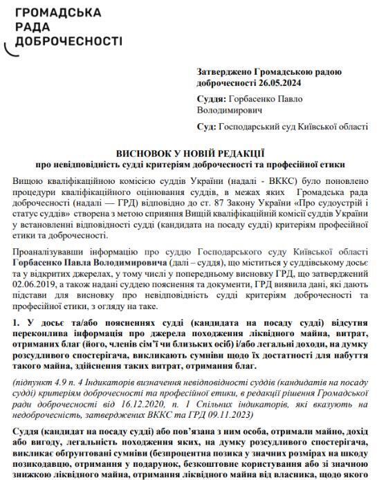 Висновок Громадської ради доброчесності