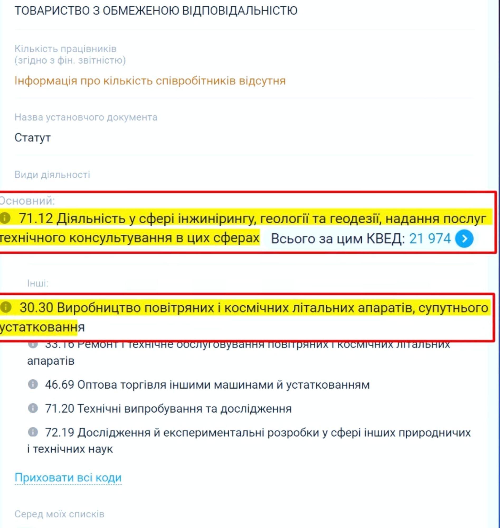 Среди видов деятельности компании – производство воздушных и космических летательных аппаратов