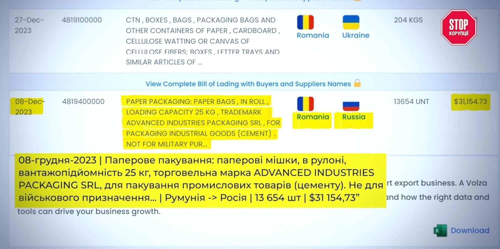 Поставка паперових мішків торговельної марки Advanced Industries Packaging з Румунії до росії 8 грудня 2023 року