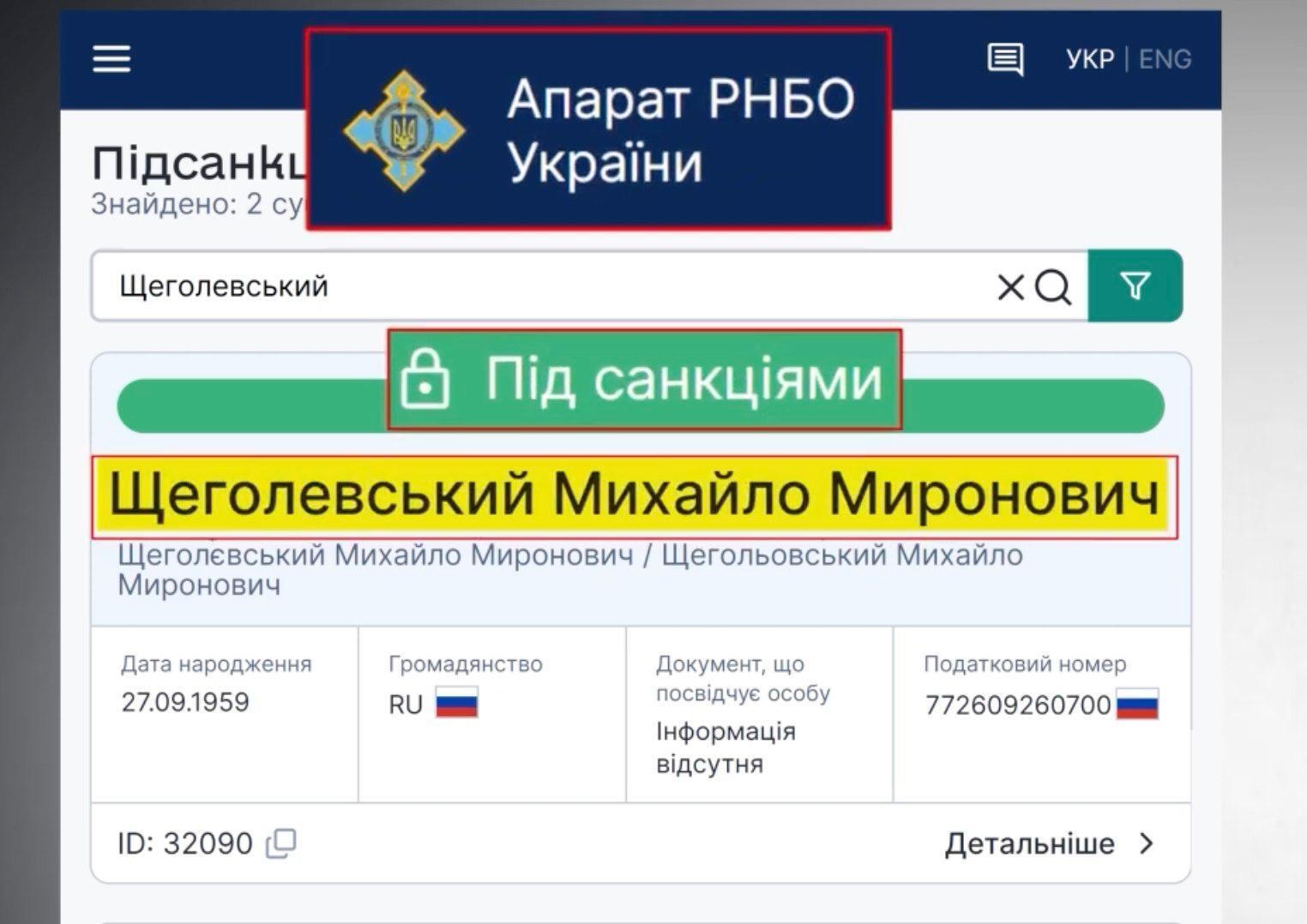 Михайло Щеголевський, громадянин Росії й давній партнер Олександра Дементієнка, у Державному реєстрі санкцій РНБО має статус ''під санкціями''