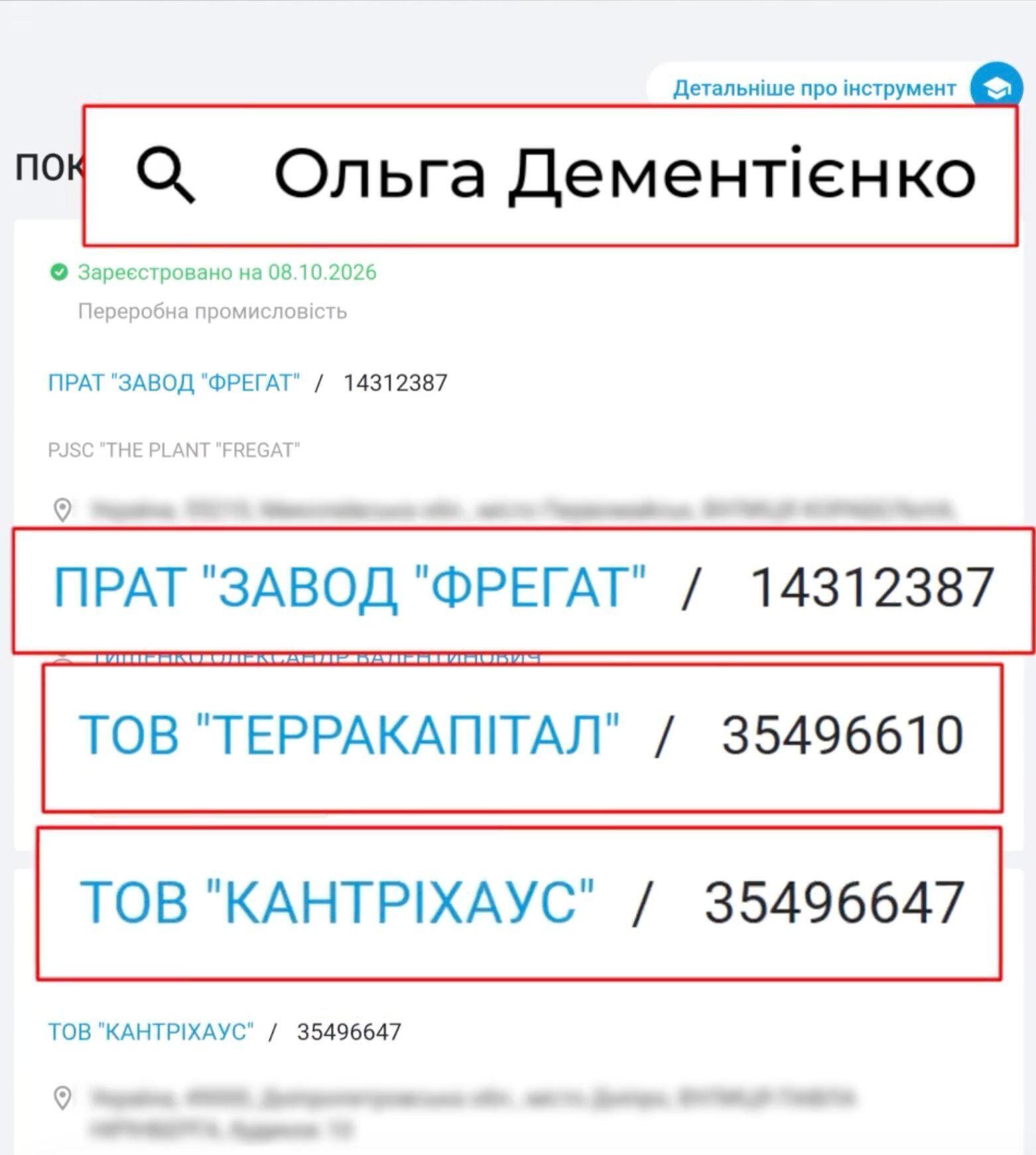 Компанії, з якими пов'язане ім'я Ольги Дементієнко, у пошуку YouControl: ПрАТ ''Завод ''Фрегат'' (ЄДРПОУ 14312387), ТОВ ''Терракапітал'' (35496610) і ТОВ ''Кантріхаус'' (35496647)