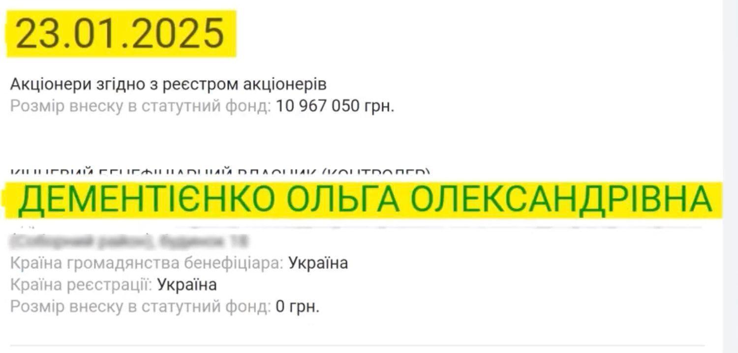 Станом на 23 січня 2025 року єдиною кінцевою бенефіціаркою залишилася Ольга Дементієнко. Ще у 2023 році серед бенефіціарів були також Олександр і Сергій Дементієнки