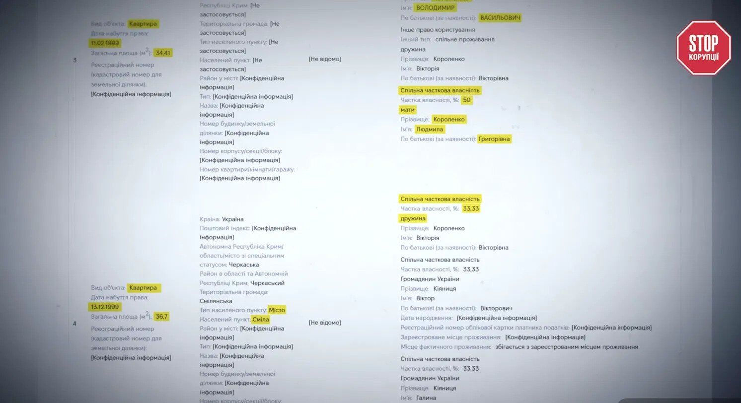 Фрагмент декларації Володимира Короленка: квартира, якою він володіє навпіл із матір'ю, та квартира в Смілі, де дружині належить третина